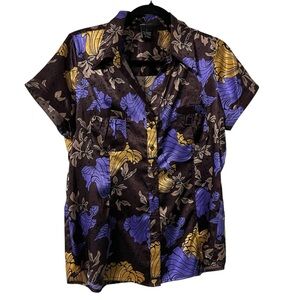 BCBGMaxAzria Purple and Brown silky Floral Blouse Size Large pockets